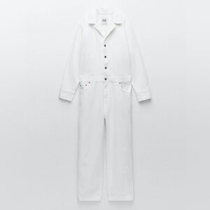 Zara White Denim Jumpsuit Long Sleeve Wide Leg Women’s Size Small